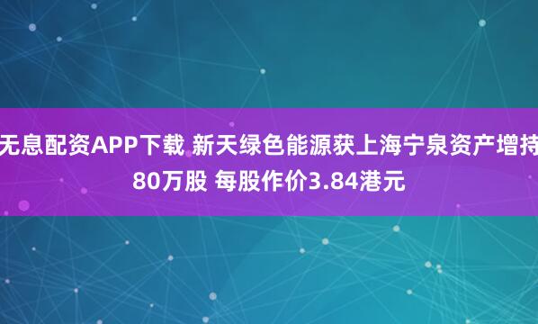 无息配资APP下载 新天绿色能源获上海宁泉资产增持80万股 每股作价3.84港元